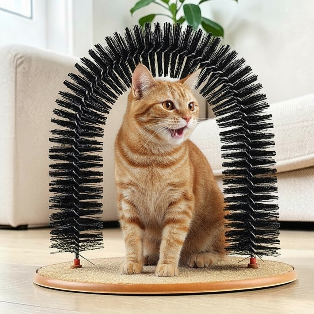 Chat roux passant sous un arche de brossage Esprit Chat noir pour le toilettage et le massage du pelage