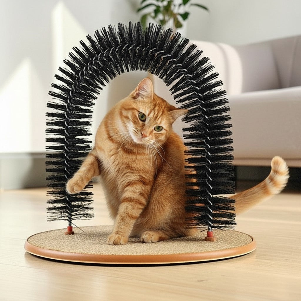 Chat roux se frottant contre un gratte-dos Esprit Chat en forme d'arche avec brosses noires et base en sisal