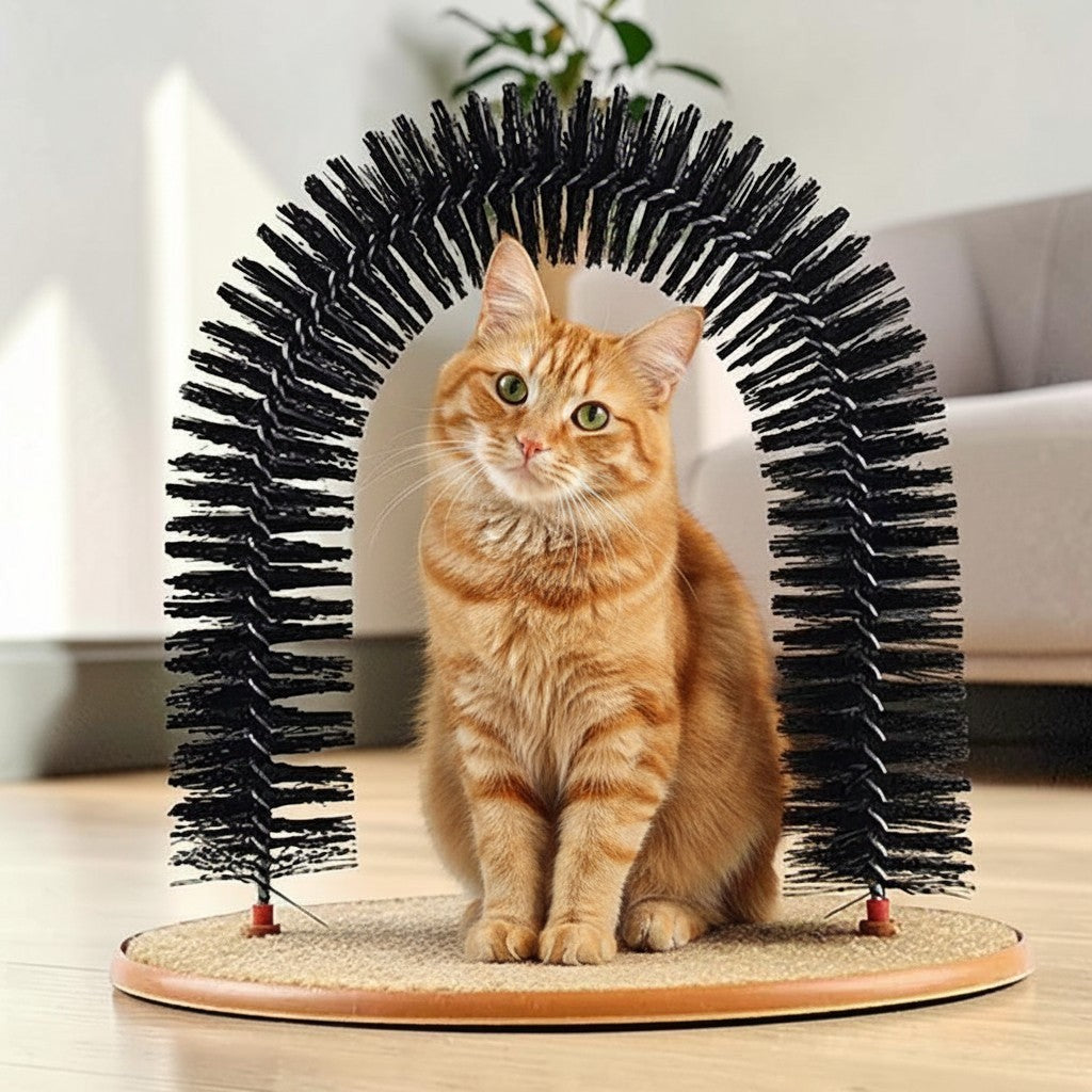 Chat roux assis sous un gratte-dos Esprit Chat en forme d'arche noire avec brosse pour le toilettage et socle tapis