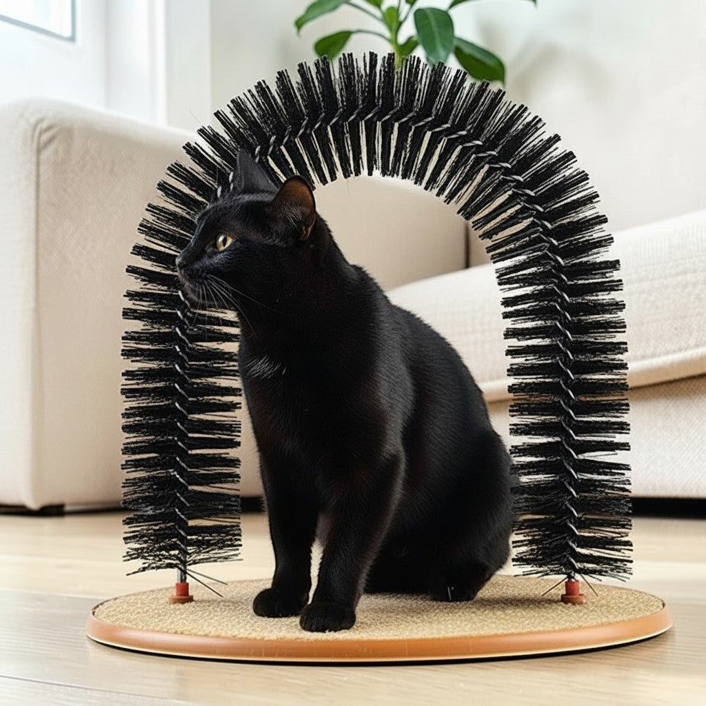 Chat noir utilisant un gratte-dos Esprit Chat en forme d'arche avec brosses noires sur socle en tapis beige