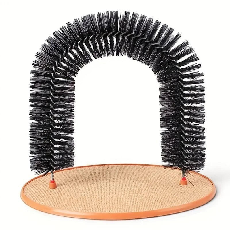 Gratte-dos Esprit Chat en forme d'arche avec brosse noire et base en tapis beige pour le massage et le toilettage