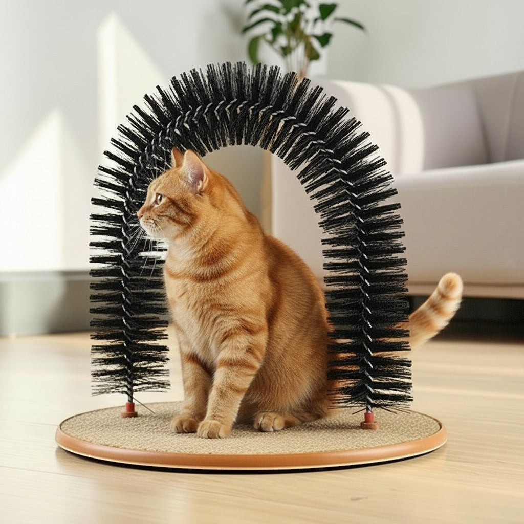 Chat roux passant sous un arche de brossage Esprit Chat noir pour le toilettage et le massage