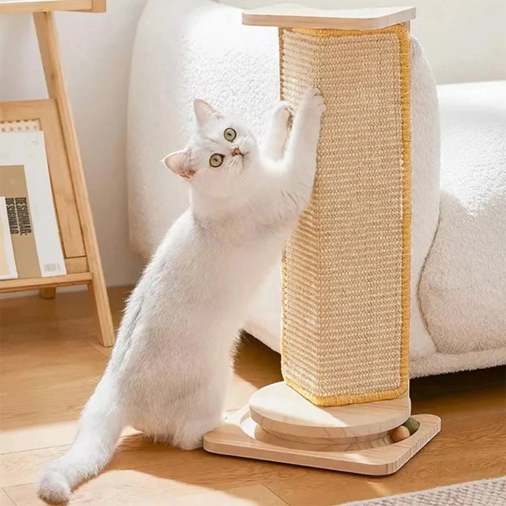 Griffoir d'angle Esprit Chat en bois et sisal naturel, idéal pour l'intérieur, avec une plateforme rotative.