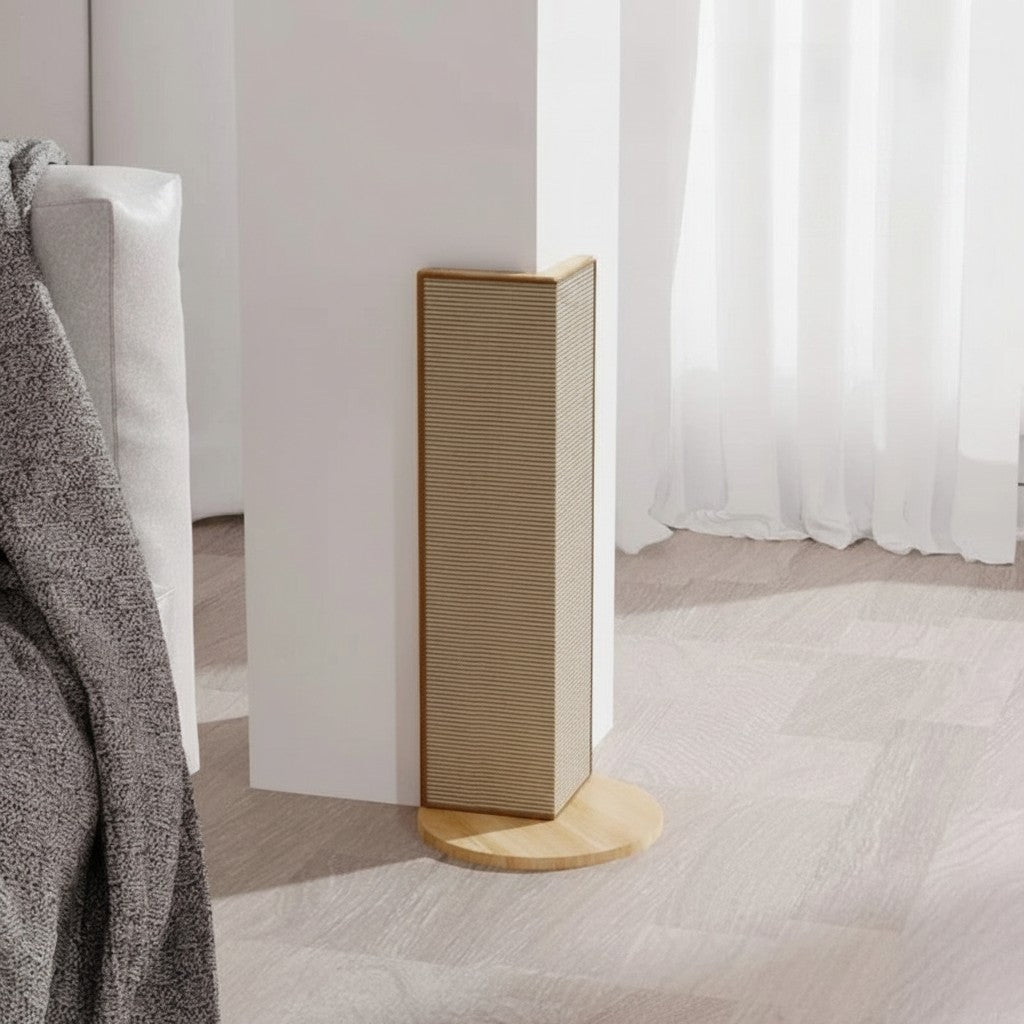 Griffoir d'angle Esprit Chat en bois et sisal, design minimaliste, idéal pour l'intérieur.