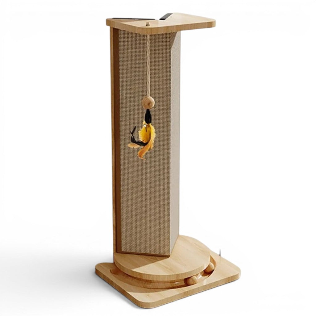 Griffoir d'angle Esprit Chat en bois et sisal avec jouet suspendu, design minimaliste.