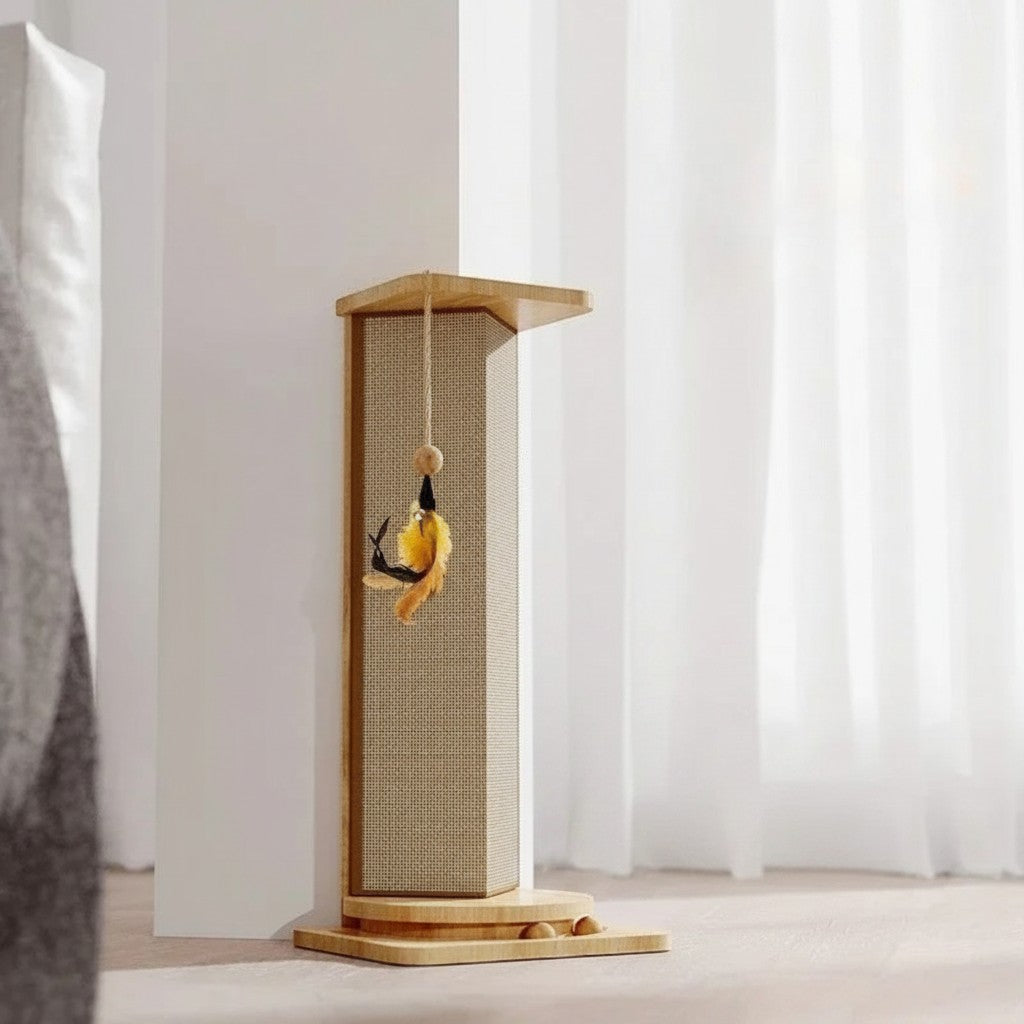 Griffoir d'angle Esprit Chat en bois et sisal avec jouet suspendu, design minimaliste pour intérieur.
