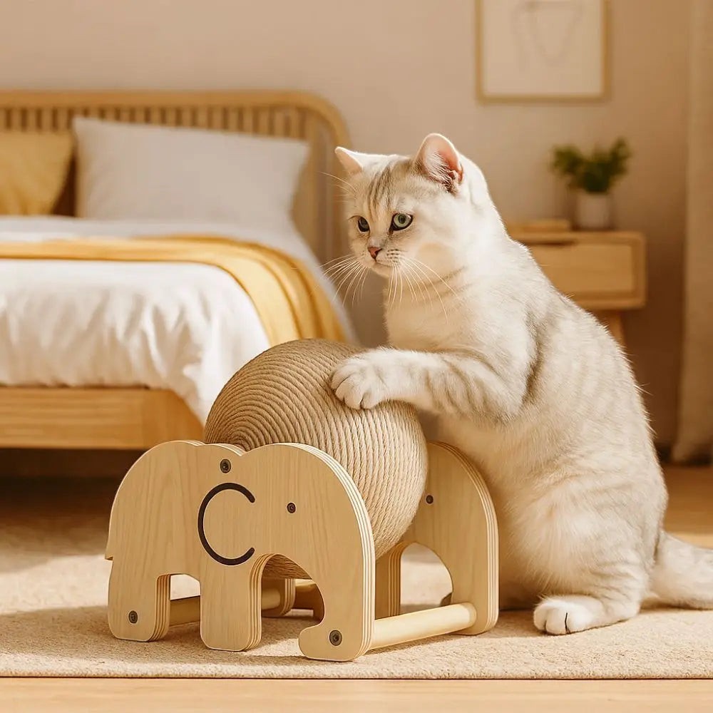 Chat jouant avec une balle à griffer Esprit Chat en bois et corde, design éléphant stable pour griffes de chat