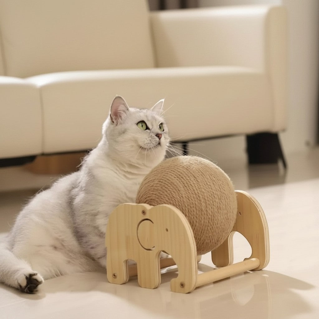 Chat blanc jouant avec un griffoir Esprit Chat en forme d'éléphant avec une balle en corde de coton beige