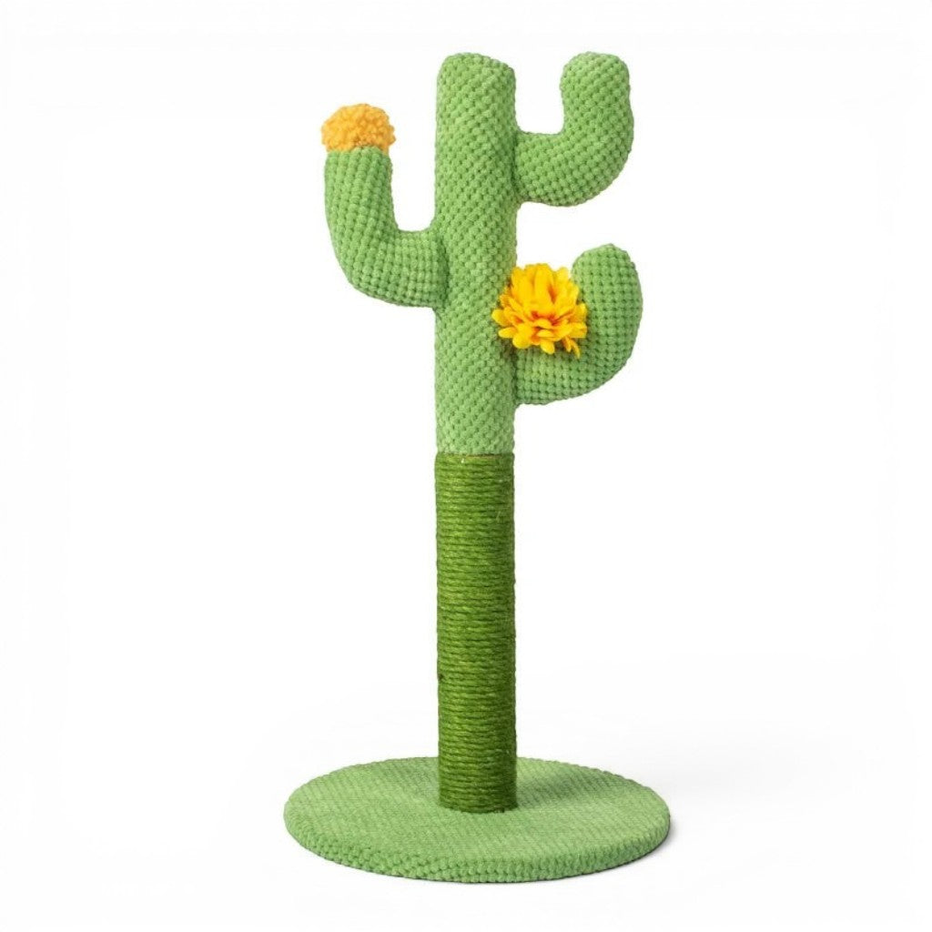 Griffoir pour chat Esprit Chat en forme de cactus vert avec corde en coton et fleurs décoratives jaunes