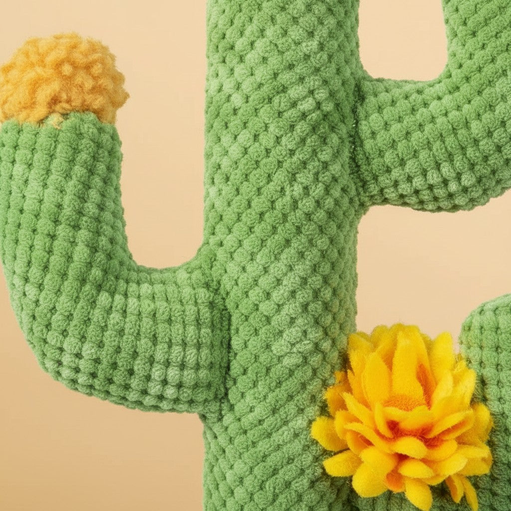 Gros plan sur un griffoir pour chat Esprit Chat en forme de cactus vert texturé avec des fleurs jaunes décoratives
