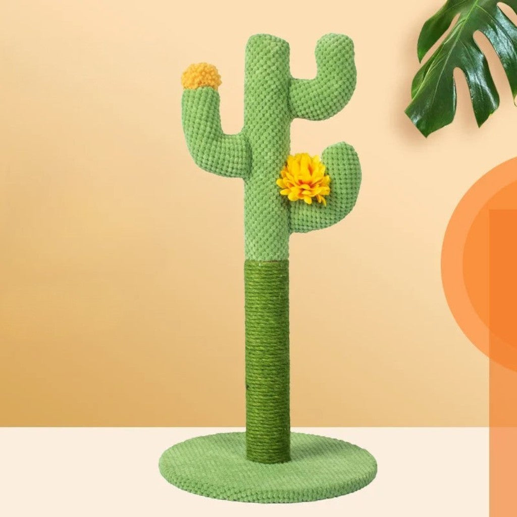 Griffoir pour chat Esprit Chat en forme de cactus vert avec corde en coton et fleurs décoratives jaunes