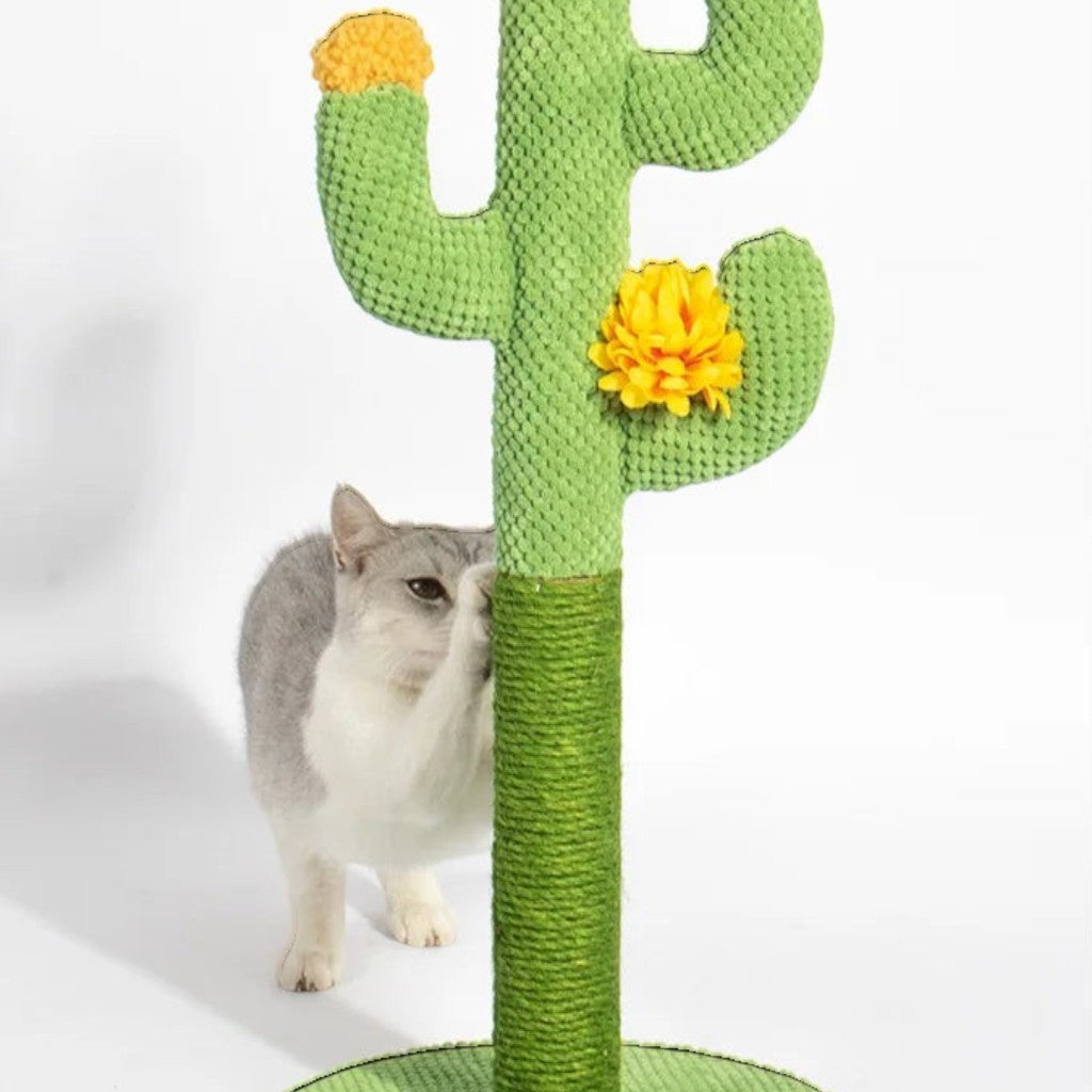 Griffoir pour chat Esprit Chat en forme de cactus vert avec corde en sisal et fleurs décoratives jaunes
