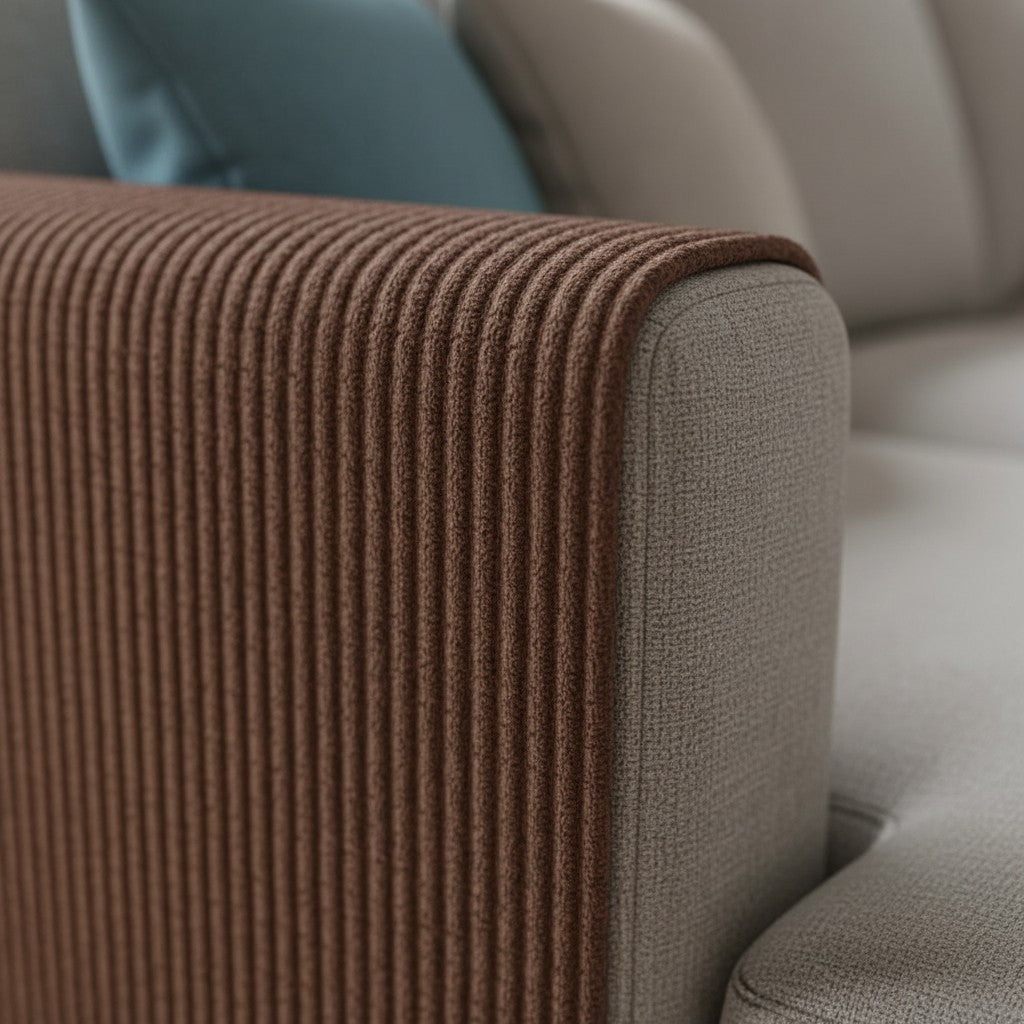 Esprit Chat tapis griffoir marron autocollant pour protéger l'accoudoir d'un canapé beige contre les griffes de chat