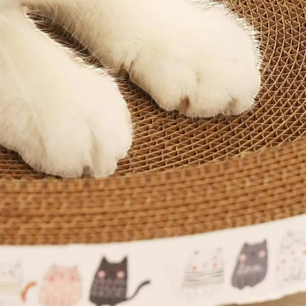 Pattes de chat sur un griffoir en carton ondulé Esprit Chat, accessoire durable pour griffes et repos.