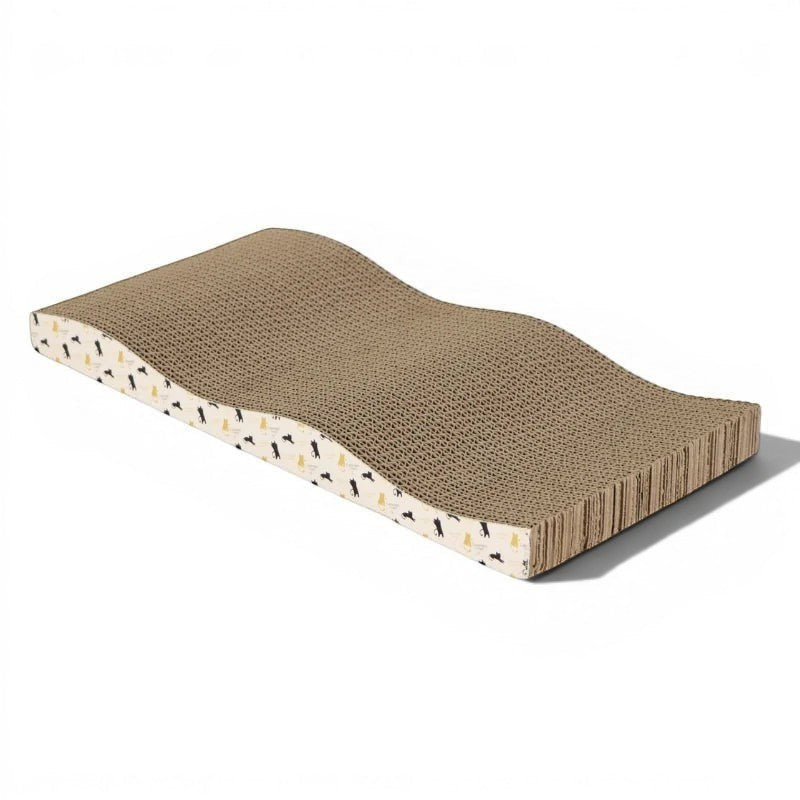Griffoir ondulé en carton pour chat Esprit Chat avec motif de chats noirs et jaunes sur fond blanc.