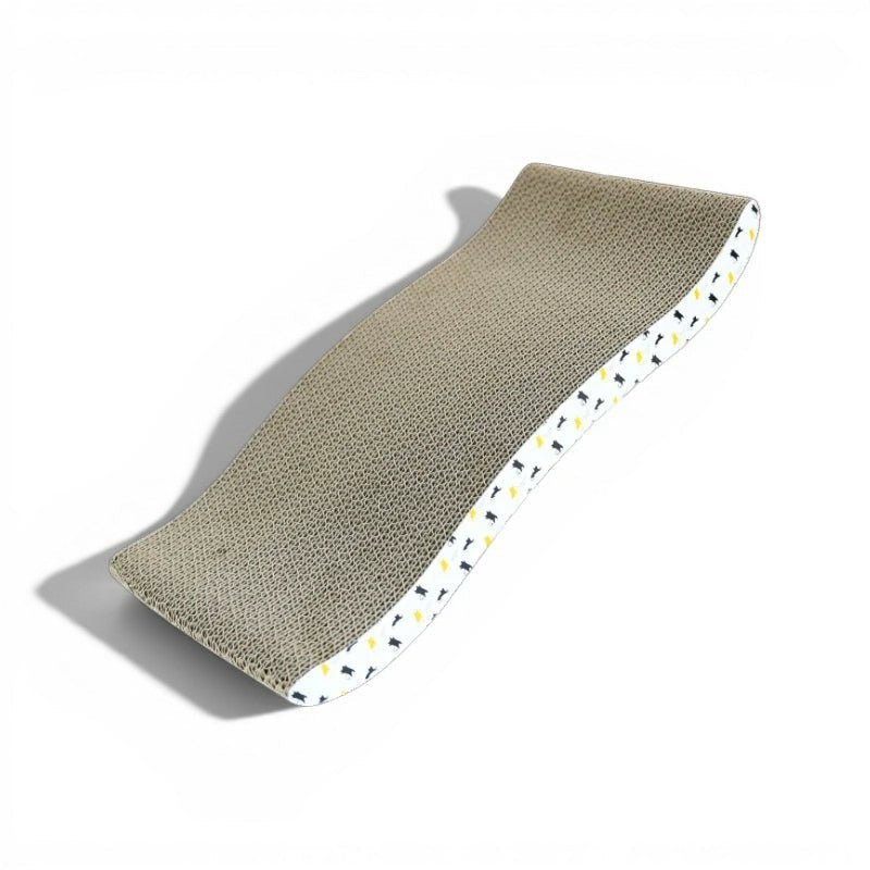 Griffoir ondulé en carton pour chat Esprit Chat avec motif de chats noirs et jaunes sur les bords.
