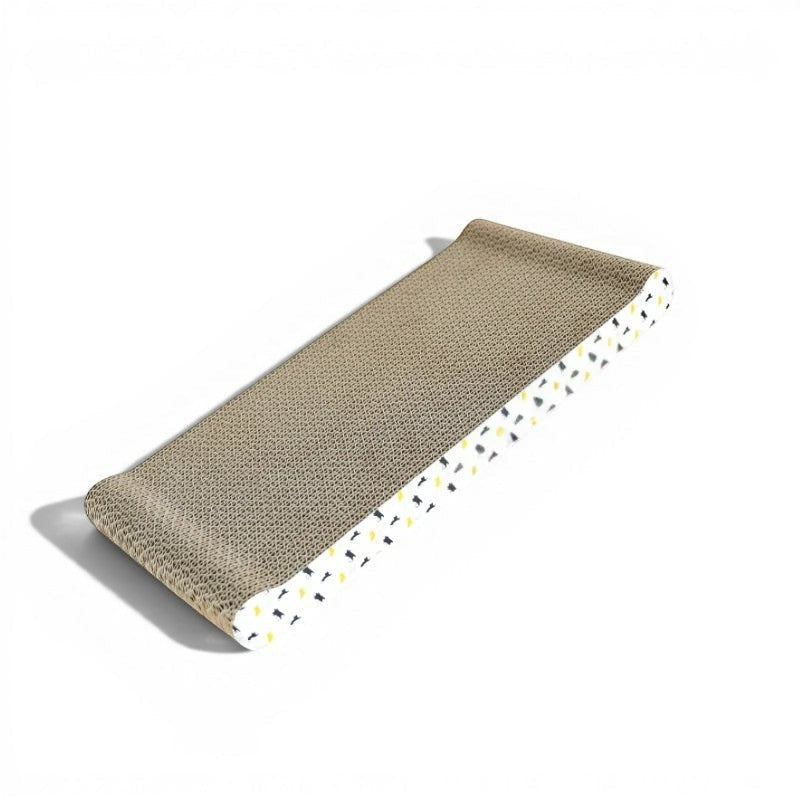 Esprit Chat Griffoir double couche en carton ondulé avec motif géométrique jaune et bleu.