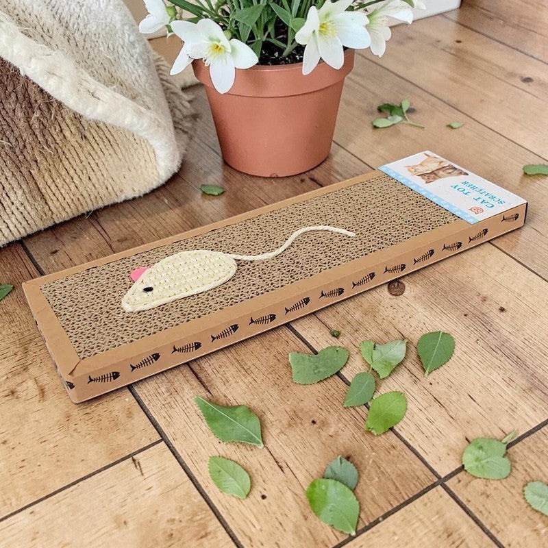Planche griffoir pour chat Esprit Chat en carton ondulé avec jouet souris beige et imprimé poisson