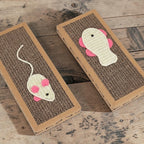 Planche griffoir pour chat Esprit Chat en carton ondulé avec jouet souris ou poisson rose.