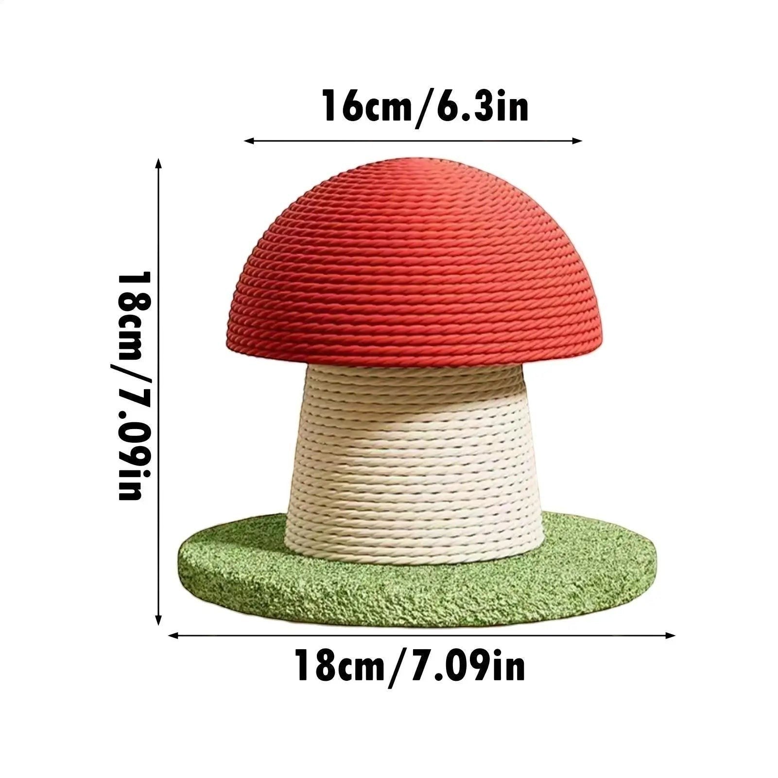Griffoir pour chat Esprit Chat en forme de champignon rouge et blanc, en corde de sisal durable sur base verte stable.