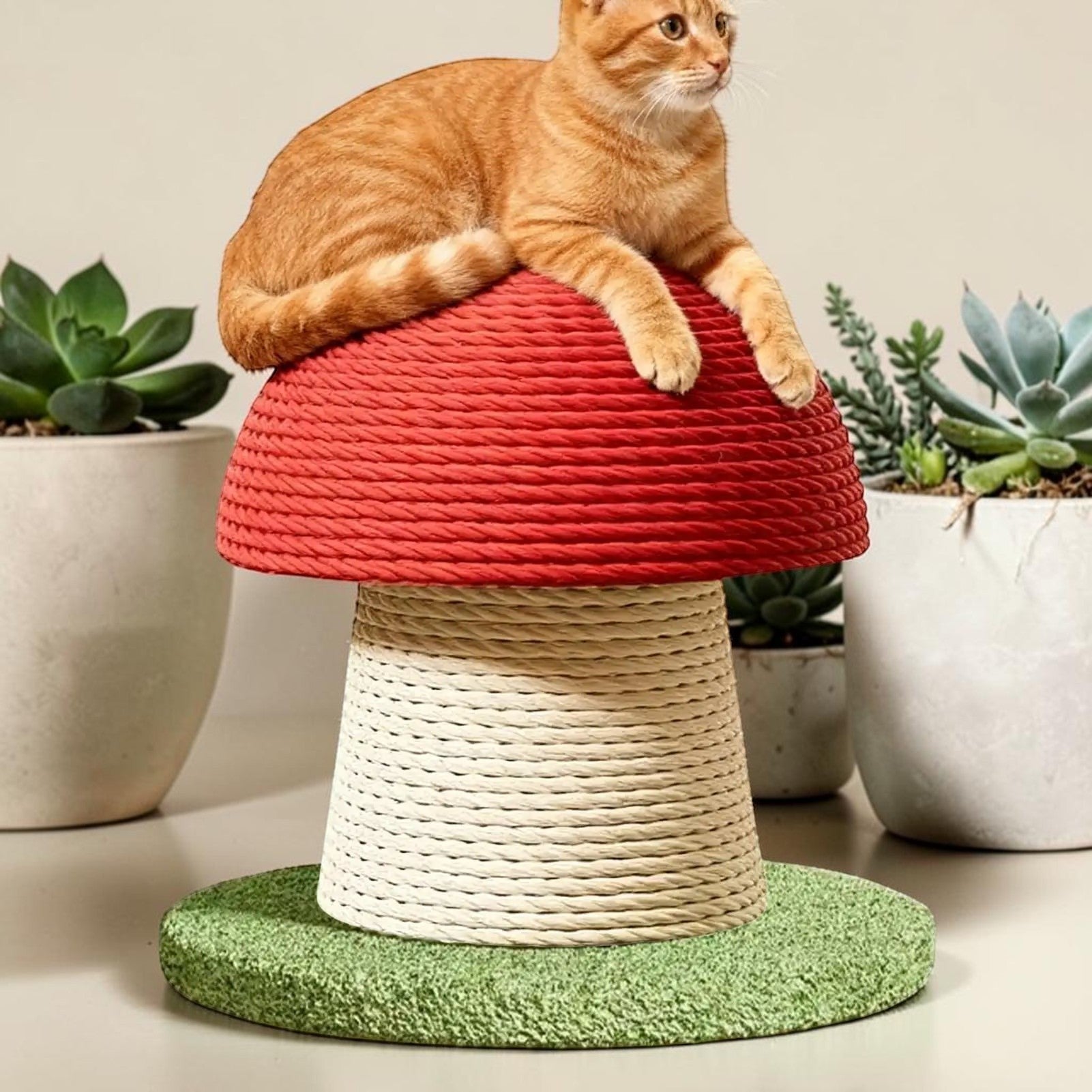 Griffoir Esprit Chat en forme de champignon avec corde en sisal rouge et beige, sur lequel repose un chat roux.