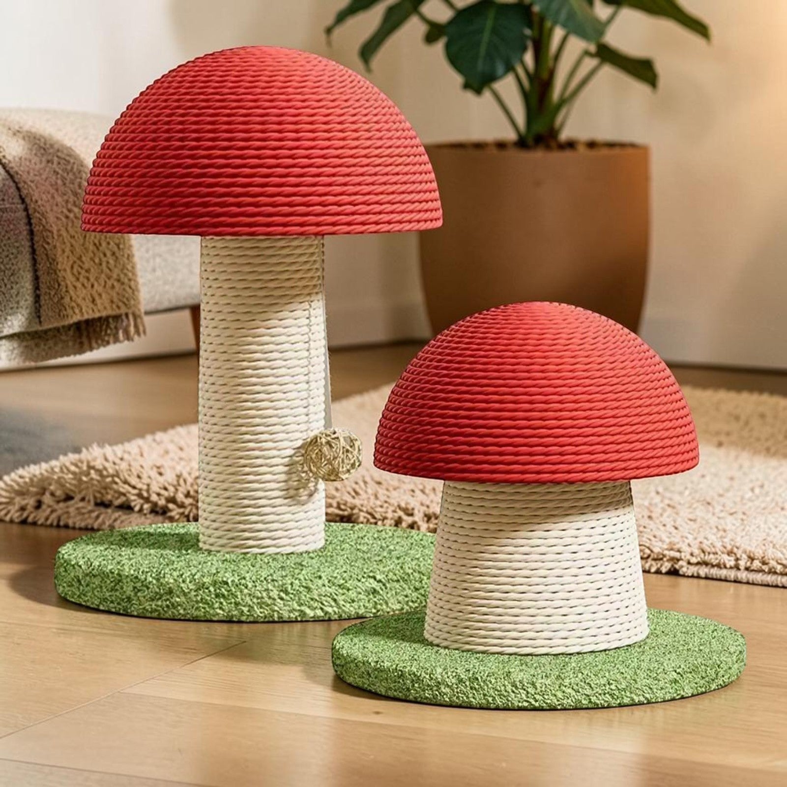 Griffoirs pour chat Esprit Chat en forme de champignons rouges et blancs en corde de sisal sur base verte stable.