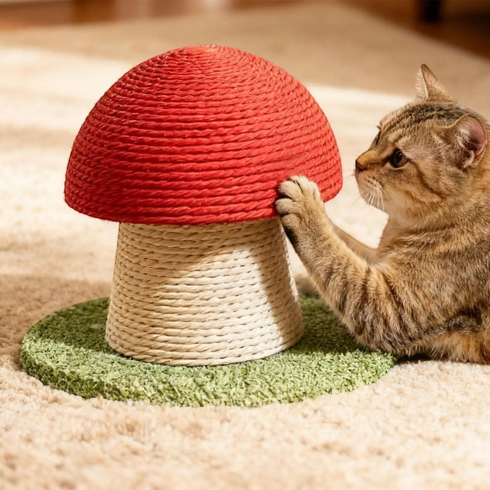 Griffoir pour chat Esprit Chat en forme de champignon avec sisal rouge et beige sur une base verte texturée