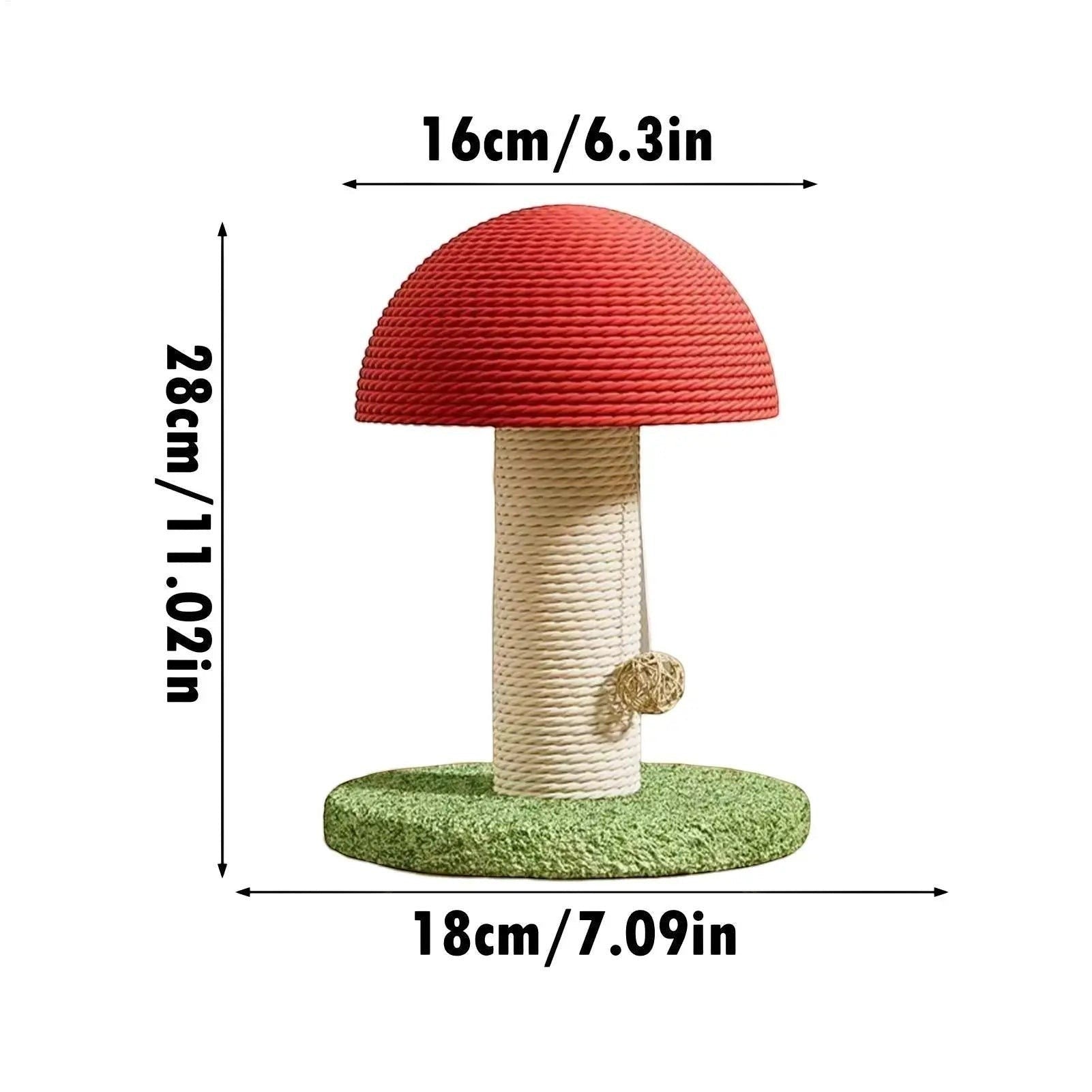 Griffoir pour chat Esprit Chat en forme de champignon avec corde en sisal rouge et beige sur base verte stable