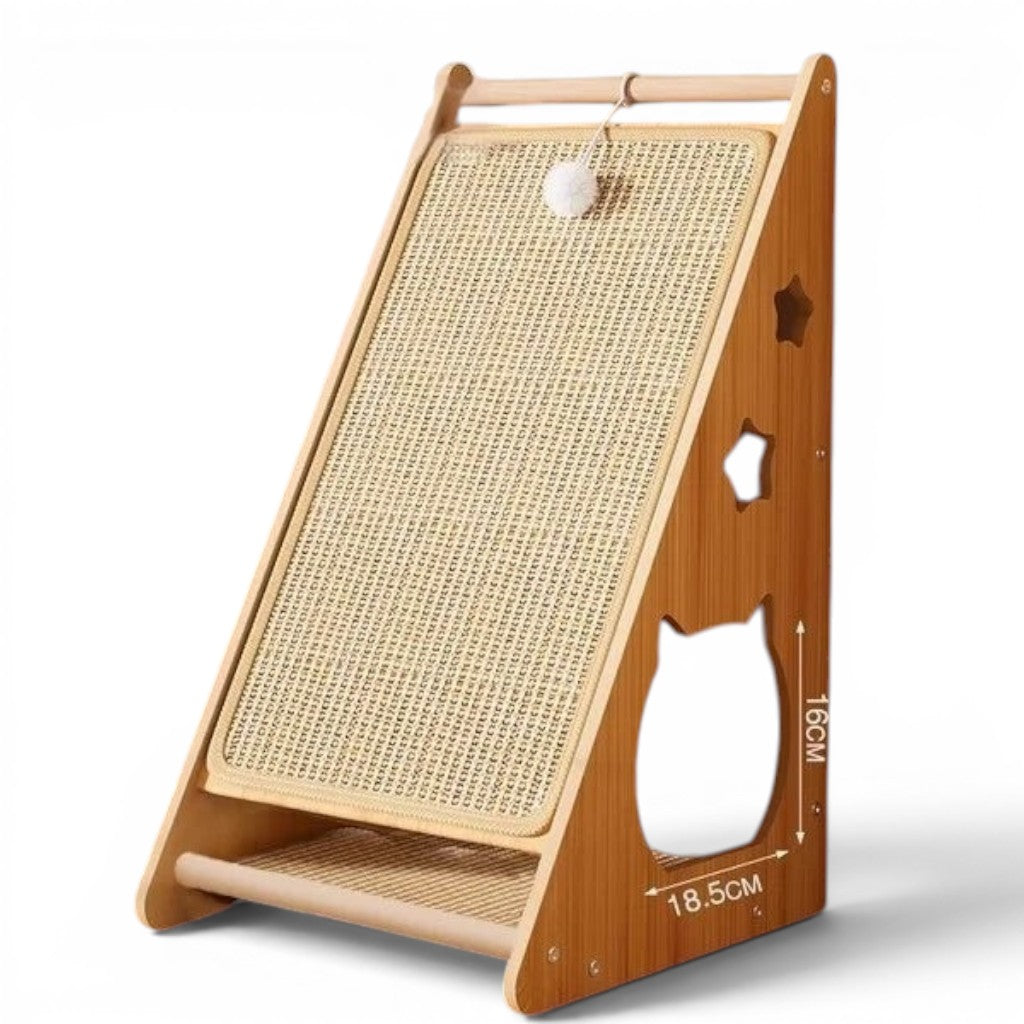 Griffoir pour chat Esprit Chat en bois MDF avec surface en sisal incliné, jouet suspendu et découpes en forme d'étoile