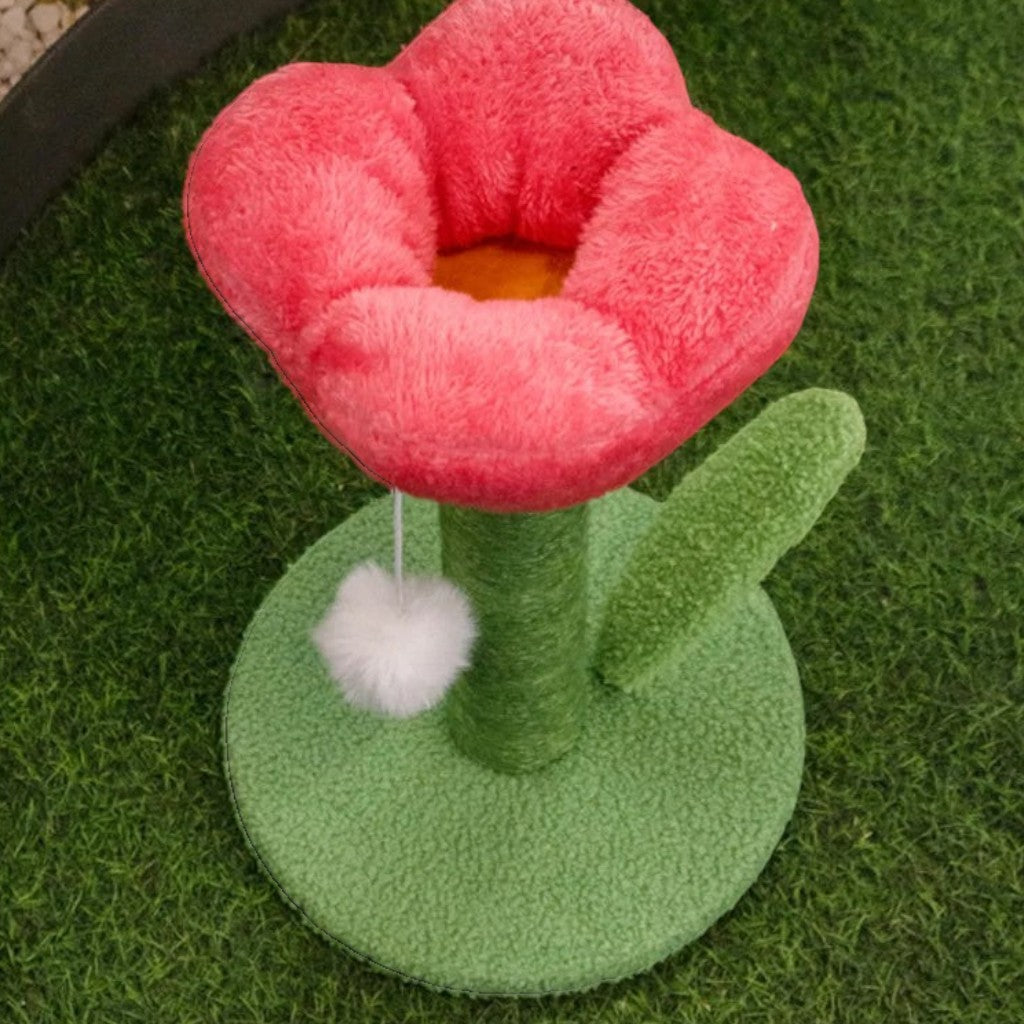 Petit griffoir pour chat Esprit Chat en forme de tulipe rose et verte avec poteau en sisal et jouet pompon