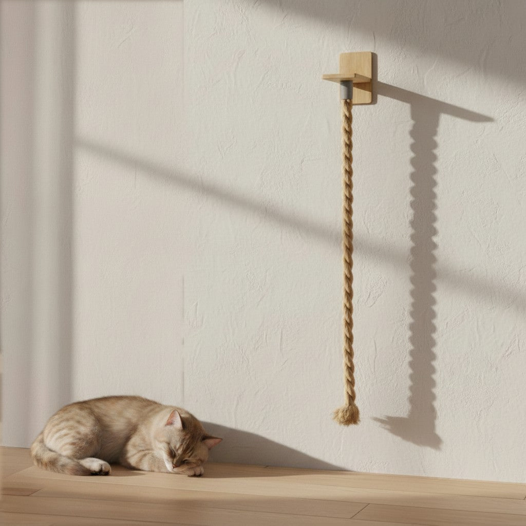 Griffoir en corde beige Esprit Chat fixé au mur avec un chat endormi sur le sol en bois à proximité.