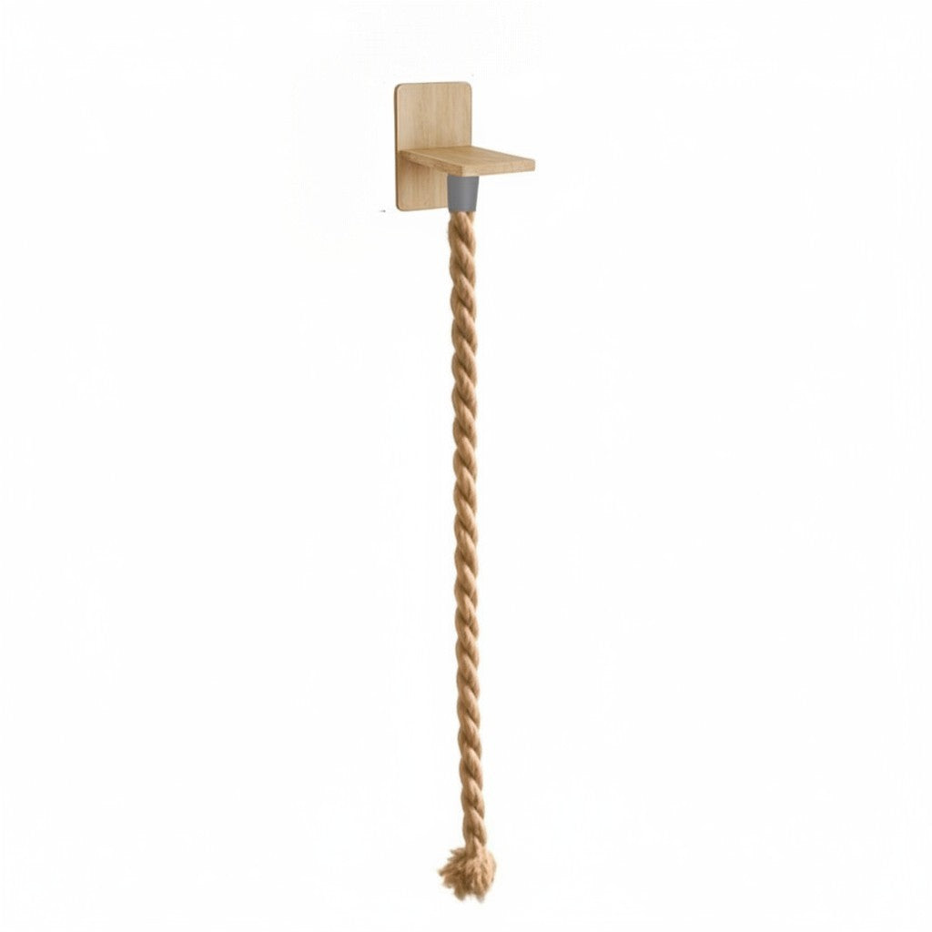 Griffoir en corde pour chat Esprit Chat en bois naturel avec une plateforme et une corde suspendue.