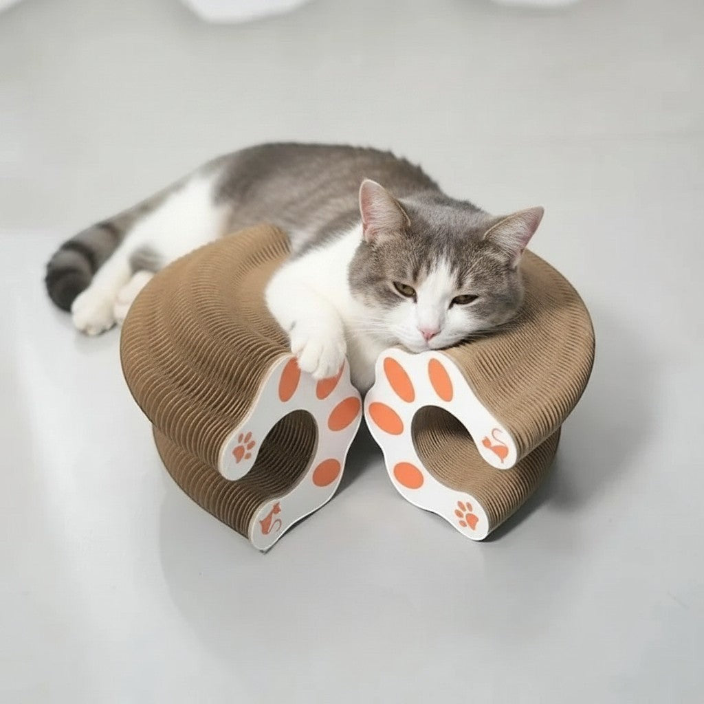 Griffoir pour chat Esprit Chat en carton ondulé, forme de donut avec empreintes de pattes orange.