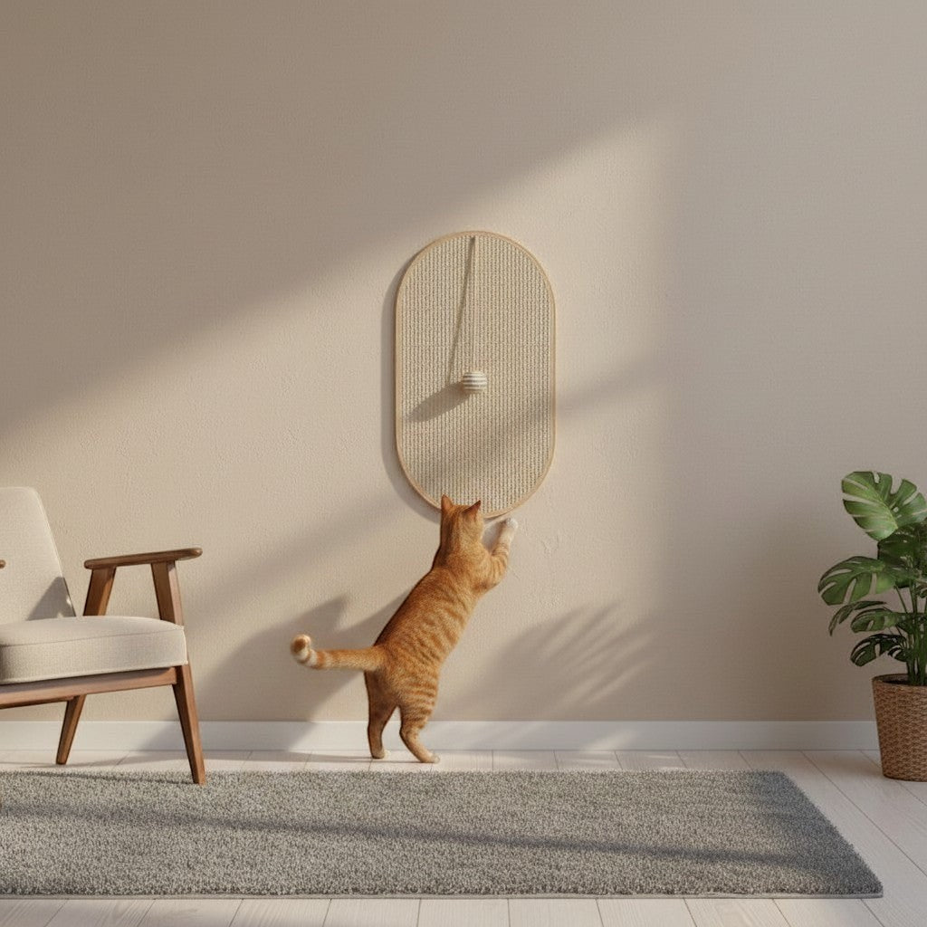 Griffoir mural Esprit Chat en bois naturel avec balle suspendue, pour chat