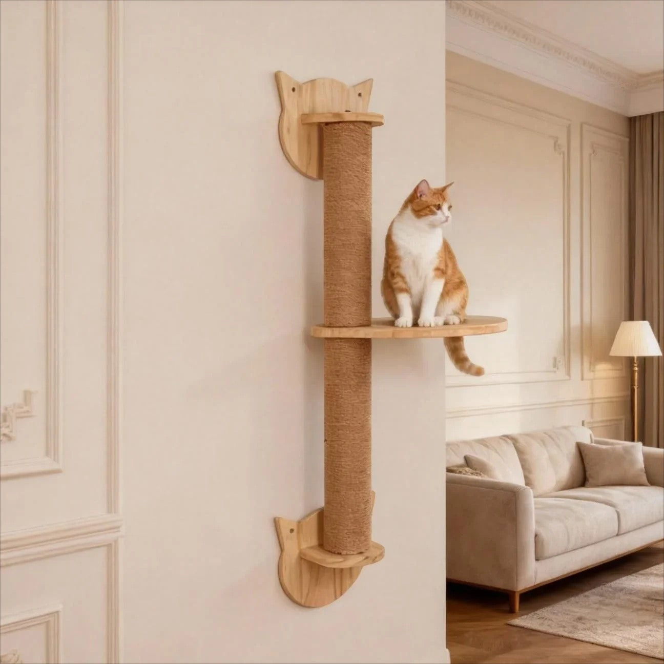 Griffoir mural Esprit Chat en bois avec poteau en sisal et plateforme pour chat roux dans un salon élégant