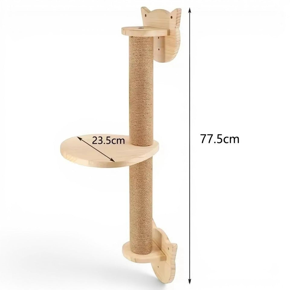Griffoir mural Esprit Chat en bois naturel avec poteau en sisal et plateforme pour chat