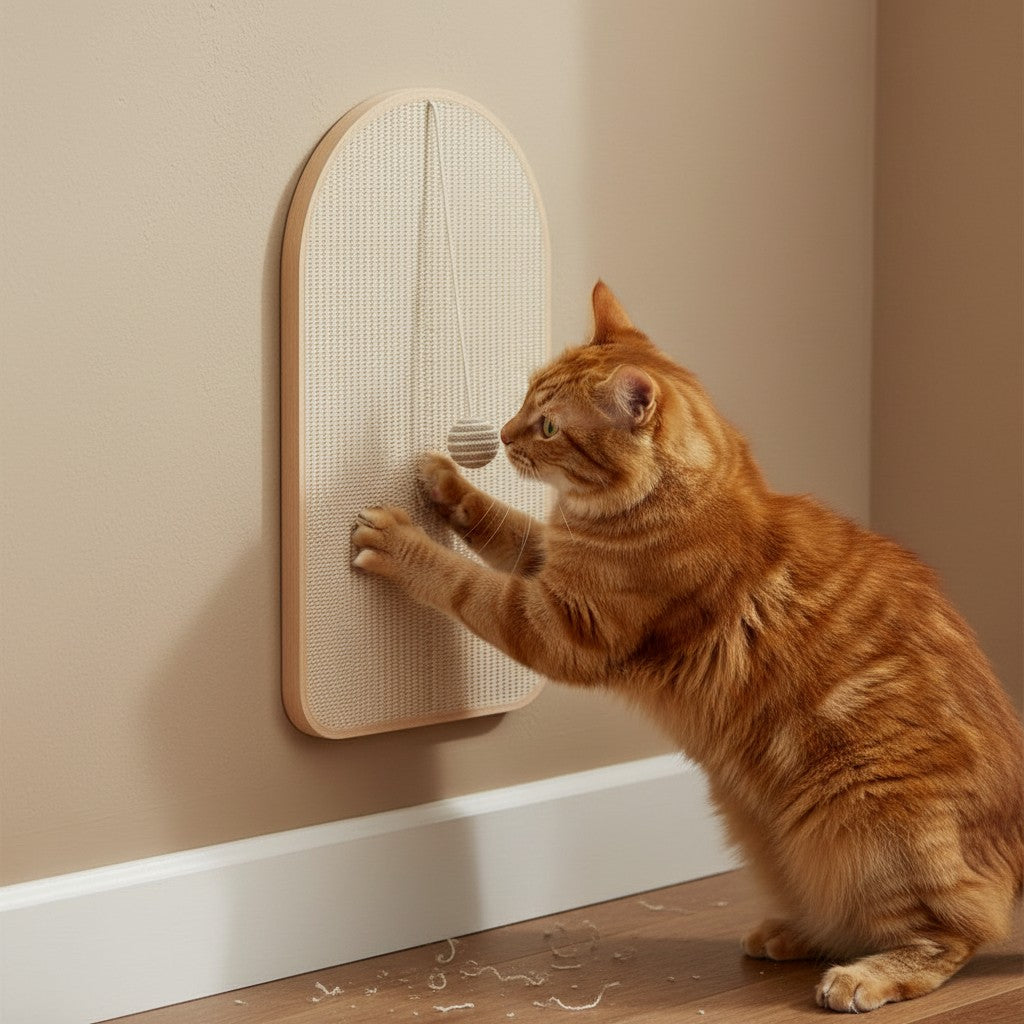 Griffoir mural en bois naturel avec balle suspendue, utilisé par un chat roux Esprit Chat.