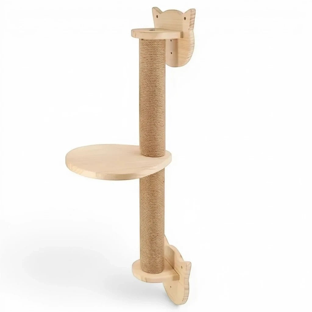 Griffoir mural Esprit Chat en bois clair avec poteau en sisal et plateforme pour chat