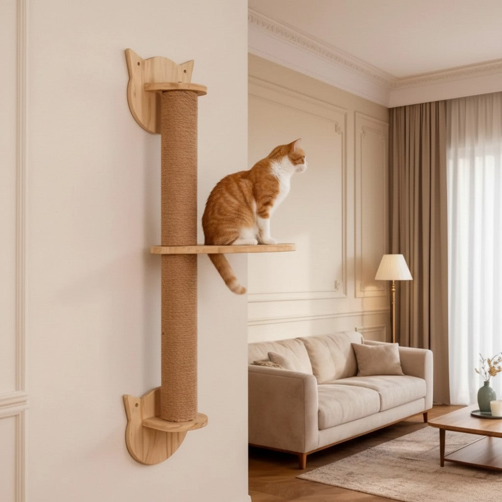 Griffoir mural Esprit Chat en sisal avec plateforme pour chat roux dans un salon élégant