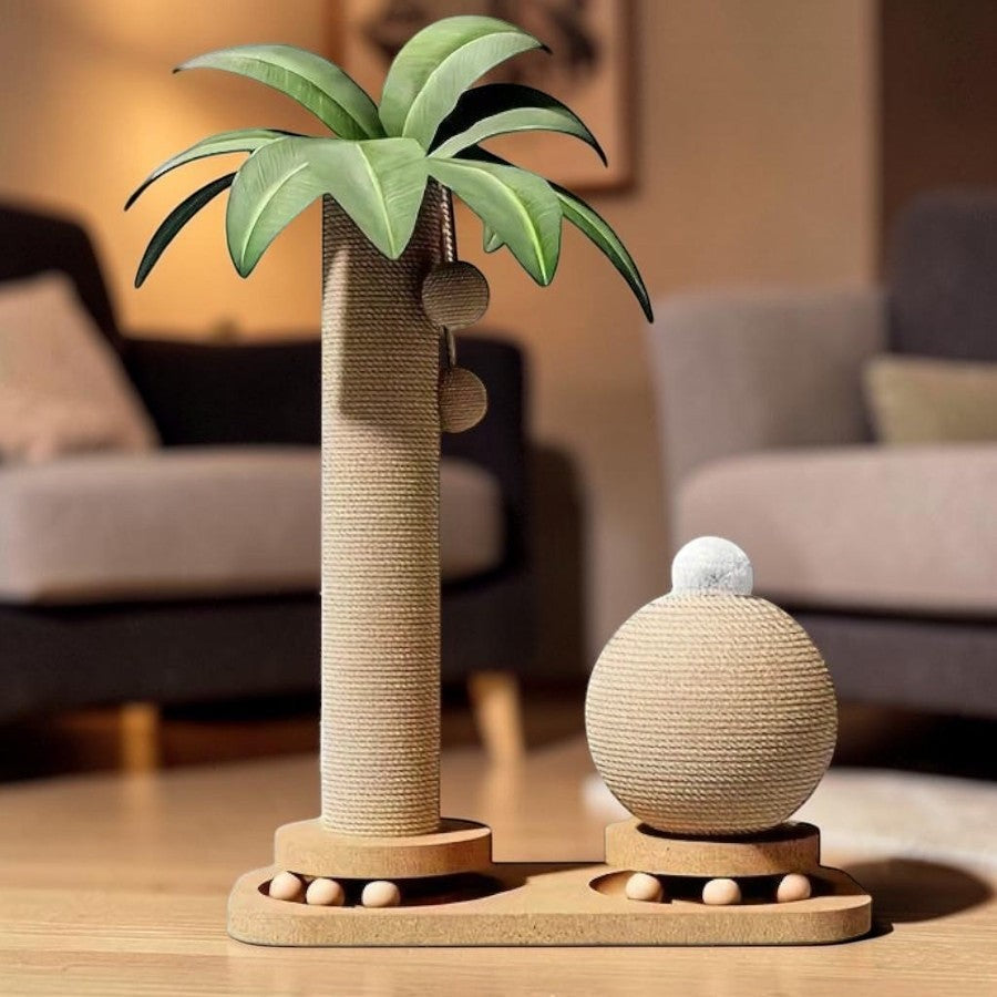 Griffoir pour chat Esprit Chat en forme de palmier avec poteau en sisal et balle à griffer sur socle en bois