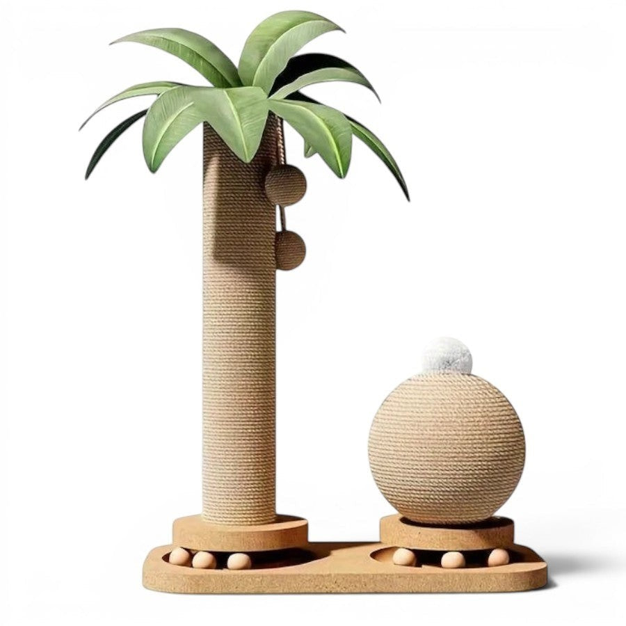 Griffoir pour chat Esprit Chat en forme de palmier avec poteau en sisal, feuilles vertes et balle à griffer.