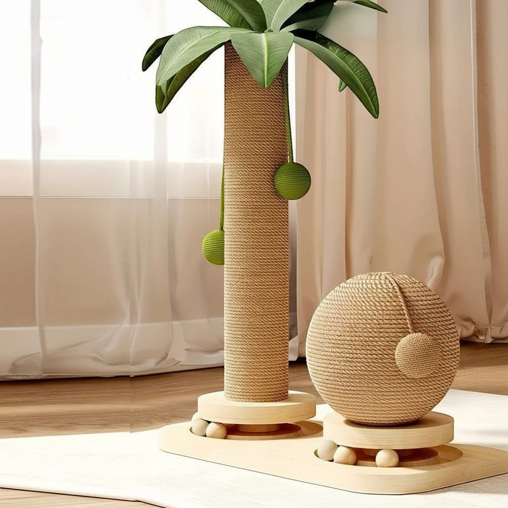 Griffoir pour chat Esprit Chat en forme de palmier avec poteau en corde et balle de jeu en papier ondulé beige
