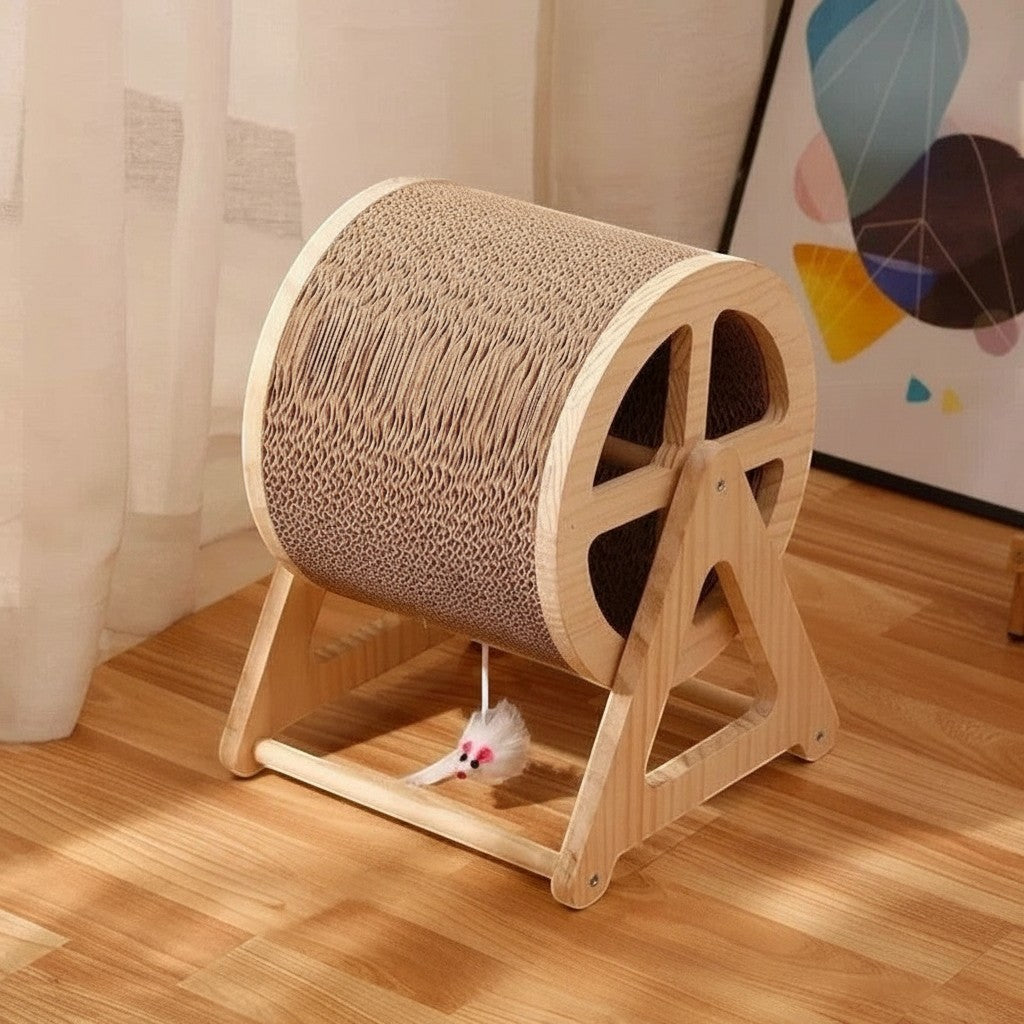 Griffoir roulant Esprit Chat en bois et carton ondulé avec souris jouet suspendue pour l'exercice des chats