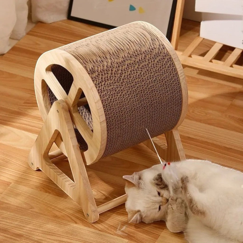 Griffoir roulant Esprit Chat en bois et carton ondulé avec jouet suspendu pour chat