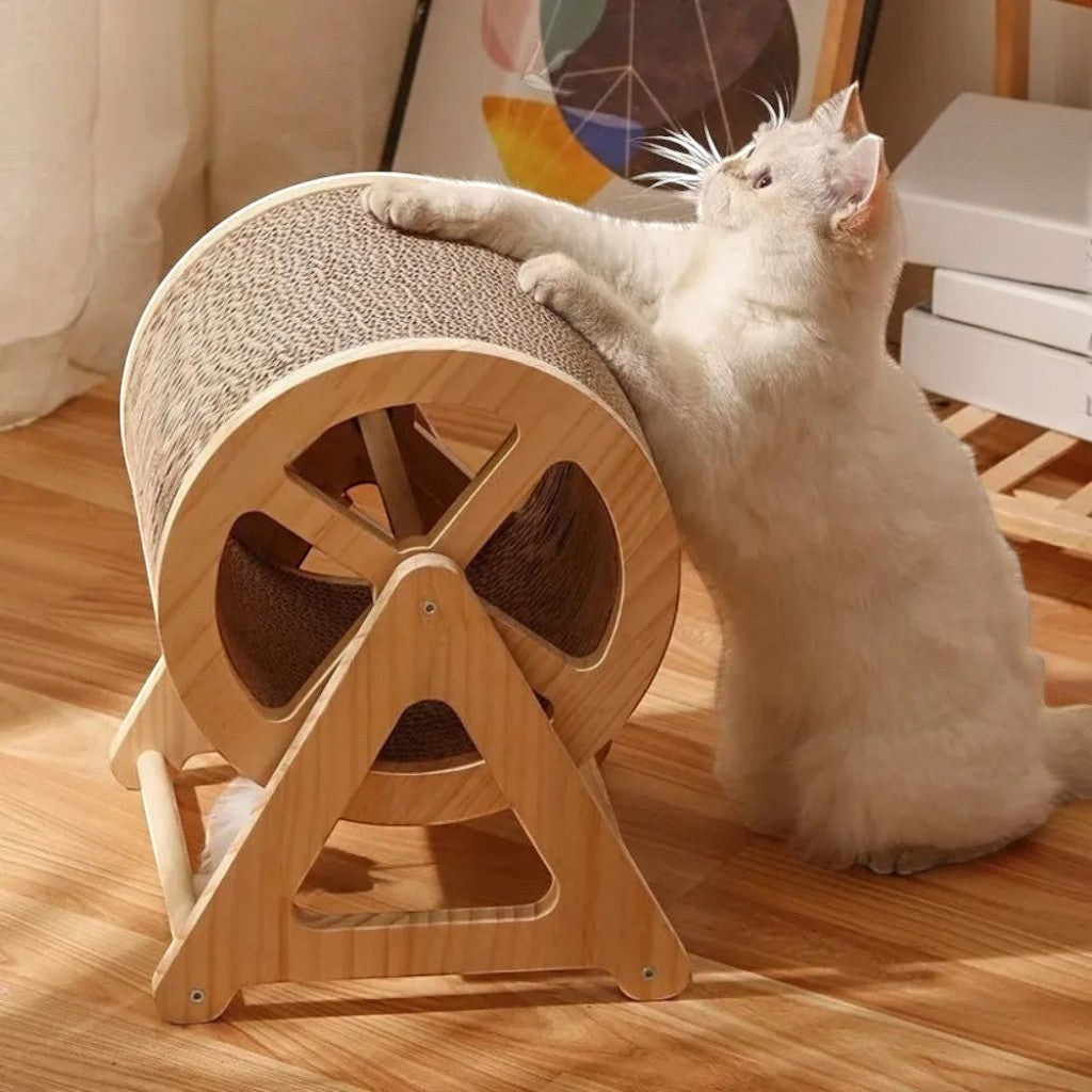 Chat blanc jouant avec un griffoir roulant en sisal et bois Esprit Chat dans un salon