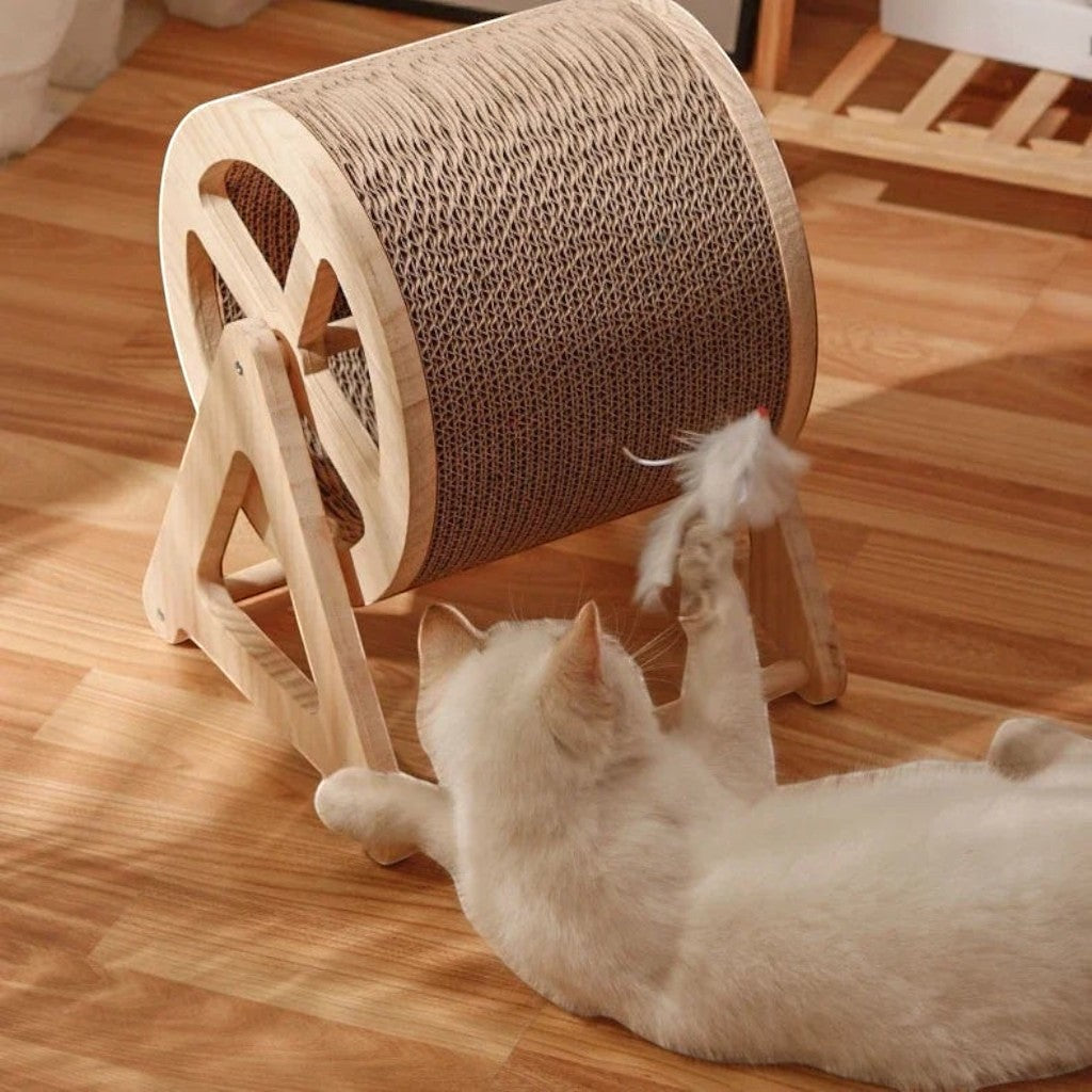 Griffoir roulant Esprit Chat en bois et carton ondulé pour le jeu et les griffes du chat