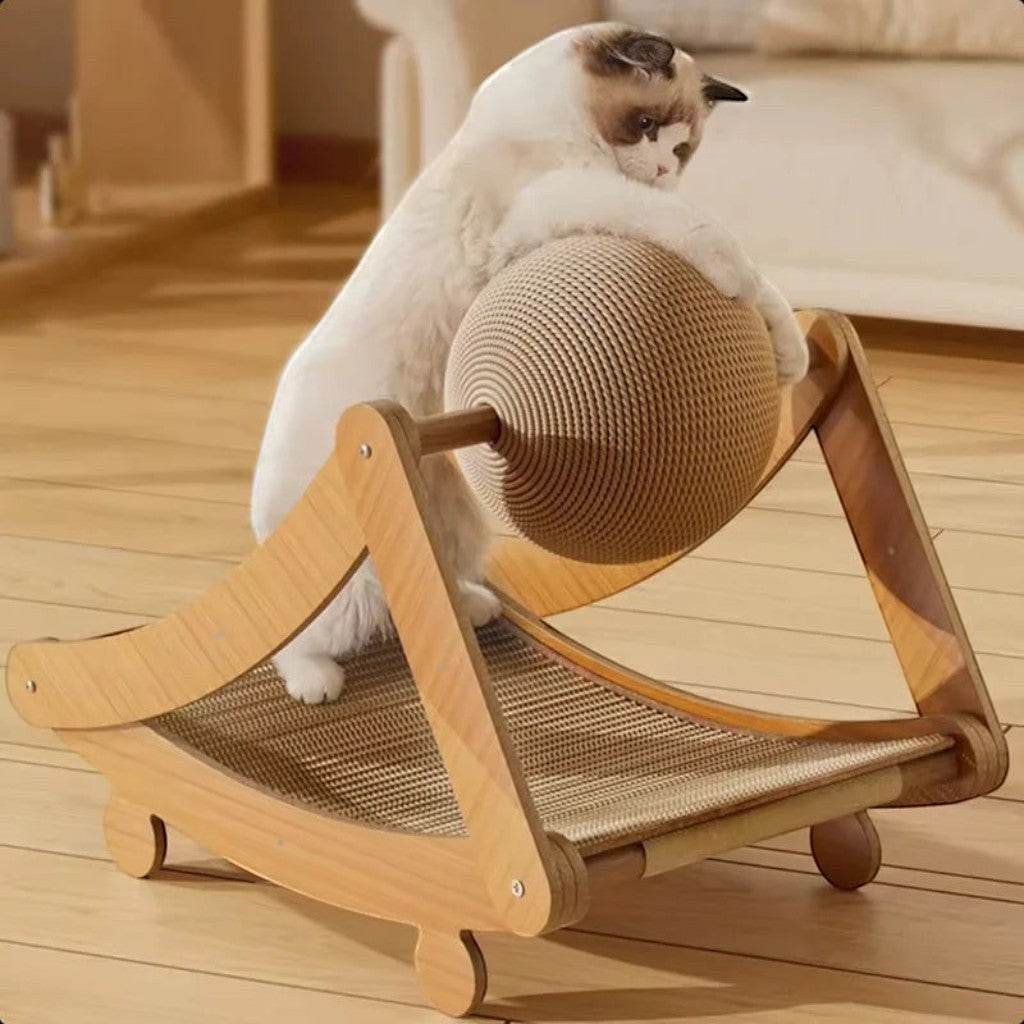 Esprit Chat griffoir pour chat en sisal avec balle rotative, design incurvé pour le repos et le jeu.