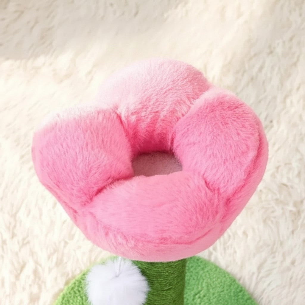 Griffoir pour chat Esprit Chat en forme de tulipe rose avec poteau en sisal vert sur une base ronde