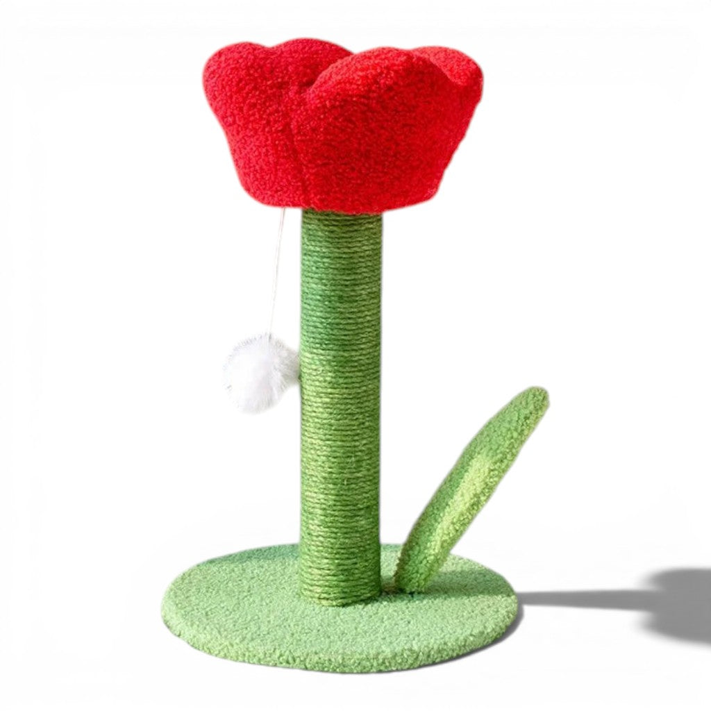 Griffoir pour chat Esprit Chat en forme de tulipe rouge avec poteau en sisal vert et base en tissu doux