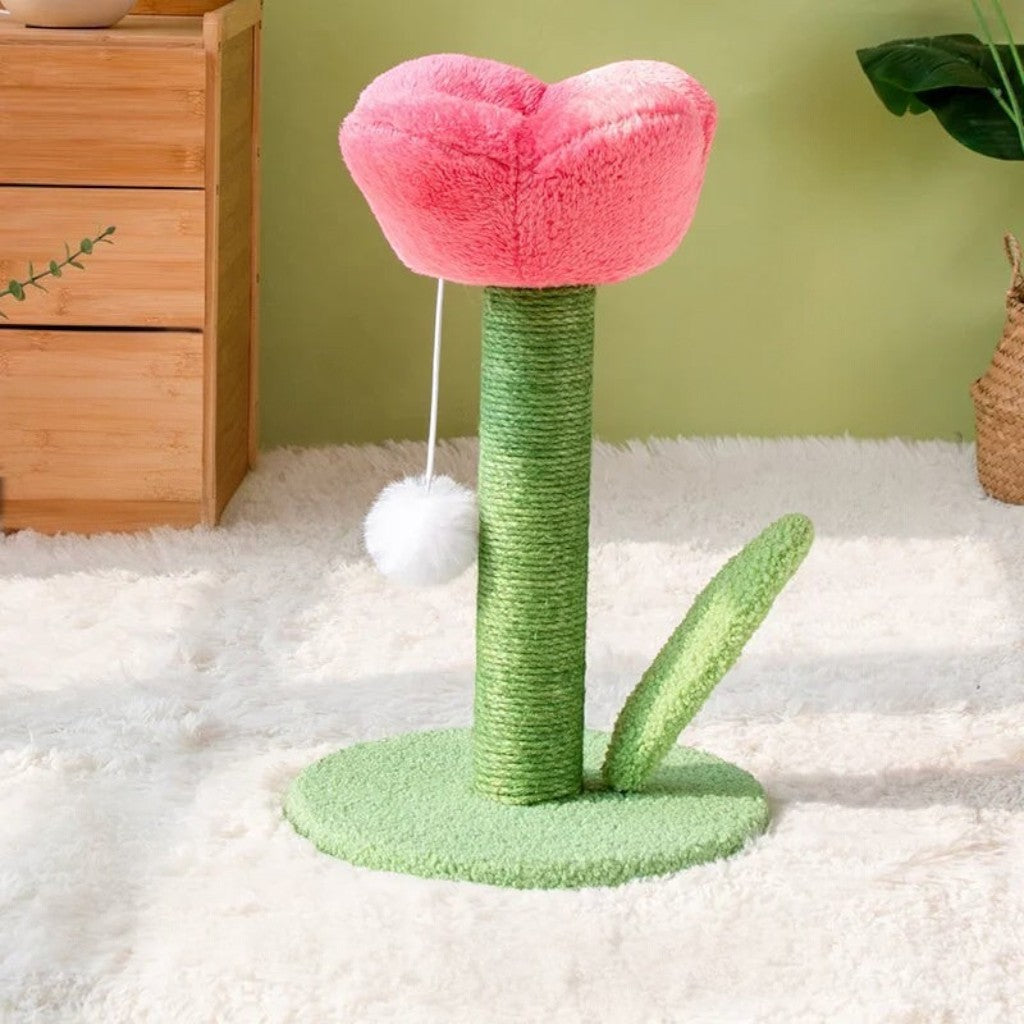 Griffoir pour chat Esprit Chat en forme de tulipe rose avec poteau en sisal vert et base ronde